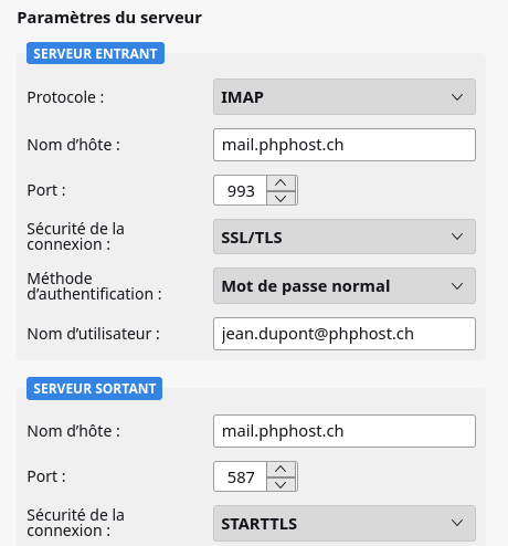 Thunderbird : paramètres du serveur en configuration manuelle